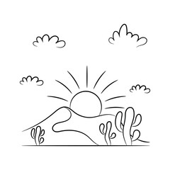 Scorching sun in the desert vector illustration, simple hand drawn Nature landscape