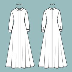 dress front and back view. Islamic dress fashion flat sketch template.  