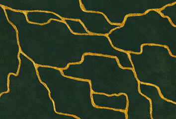 Kintsugi art background. Dark green with emerald shade, golden crack. Imitation of ceramic surface. Abstract painting. Horizontal illustration, template for banner, poster - 418822541