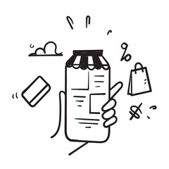 hand drawn mobile smart phone with shop app. Online shopping concept in doodle