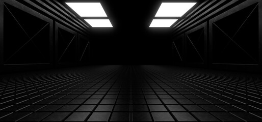 A dark corridor lit by white neon lights. Reflections on the floor and walls. 3d rendering image. © Andrey Shtepa