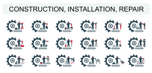 A set of vector illustrations of icons for repair, installation and maintenance of apartments and residential premises, finishing, painting, plumbing and other construction works.