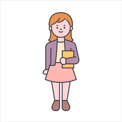 A cute girl is standing with a book in her arms. flat design style minimal vector illustration.