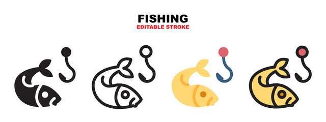 Naklejka premium Fishing icon set with different styles. Editable stroke and can be used for web, mobile, ui and more.