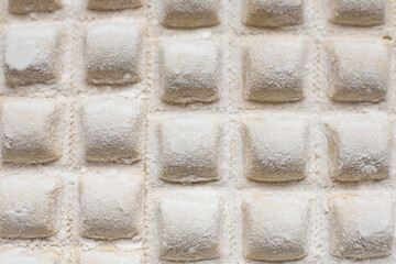 Raw italian ravioli closeup. Homemade pasta ready to be cooked