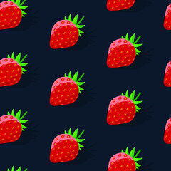 Strawberries seamless pattern on dark blue background. Vector background of summer berry. 