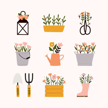 Spring collection with different garden elements cute floral lantern, pot, scissors, bucket shop, watering can, vintage bucket, spade, pitchfork, Wooden box, rain boot and flowers illustration.