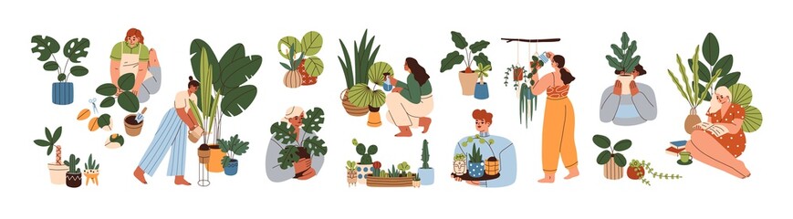Set of happy women caring about interior potted plants isolated on white background. Home gardening and growing houseplants. Colored flat vector illustration of trendy people with house greenery © Good Studio