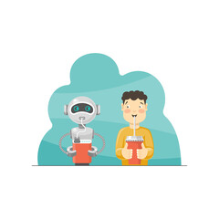 Boy and robot. Humorous conceptual vector illustration.