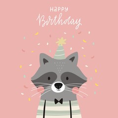 Cute poster with a character - sailor raccoon.  Print birthday party and Baby shower. Scandinavian style bedroom decor