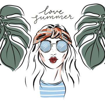 Portrait of a beautiful girl in the jungle. Summer print in a modern style. Fashion illustration