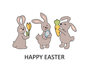 Three bunnies with egg, flower and carrot on white background. Happy Easter. Vector illustration.
