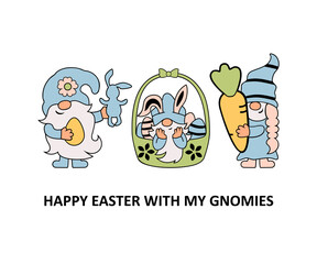 Gnomes with eggs and bunny ears on white background. Happy Easter. Vector illustration.