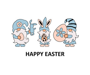 Gnomes with eggs and bunny ears on white background. Happy Easter. Vector illustration.