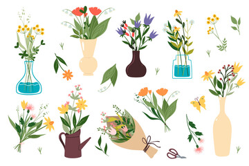 Set of bouquets of wildflowers isolated on a white background. Vector graphics.
