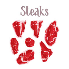 Different types of raw steaks. Protein healthy nutrition product.