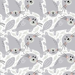 Fototapeta na wymiar Cute seal vector illustration. Vector print ideal for baby texil and posters. Seamless pattern with cute seal