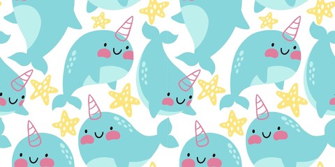 Cute narwhal seamless pattern. Baby shower vector print