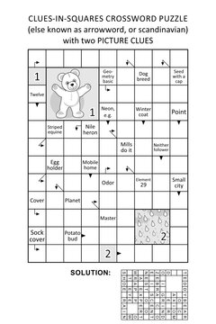 Clues-in-squares crossword puzzle, or arrow word puzzle, else arrowword, scandinavian, or scanword, skanword, with picture clues. General knowledge, non-themed, family friendly. Solution included.
