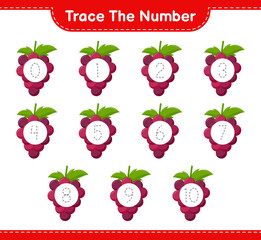 Trace the number. Tracing number with Grape. Educational children game, printable worksheet, vector illustration