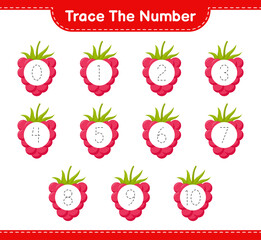Trace the number. Tracing number with Raspberries. Educational children game, printable worksheet, vector illustration