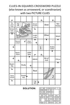 Clues-in-squares crossword puzzle, or arrow word puzzle, else arrowword, scandinavian, or scanword, skanword, with picture clues. General knowledge, non-themed, family friendly. Solution included.
