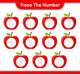Trace the number. Tracing number with Apple. Educational children game, printable worksheet, vector illustration