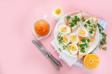 Breakfast with eggs and sandwiches. Ingredients for cooking. Healthy eating concept.