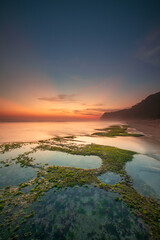 Fototapeta na wymiar Seascape for background. Sunset time. Beach with rocks and stones. Low tide. Stones with green seaweed and moss. Blue sky with sunlight on horizon. Copy space. Melasti beach, Bali
