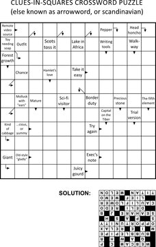 Clues-in-squares crossword puzzle, or arrow word puzzle, else arrowword, scandinavian, or scanword, skanword. General knowledge, non-themed, family friendly. Solution included.
