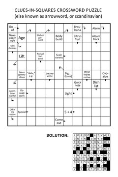 Clues-in-squares crossword puzzle, or arrow word puzzle, else arrowword, scandinavian, or scanword, skanword. General knowledge, non-themed, family friendly. Solution included.
