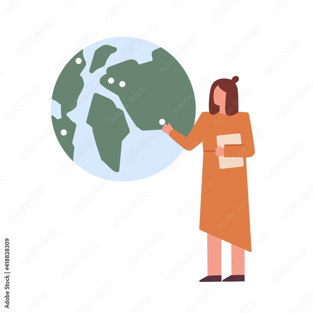 Poster Geography teacher lecturing and showing globe or Earth planet model. Scene with geographer teaching and explaining. Colored flat vector illustration isolated on white background