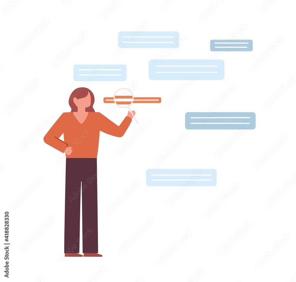 Aufkleber Abstract scene with person searching and analyzing information from different sources. Concept of research and studying. Colored flat vector illustration of woman with magnifier looking for info