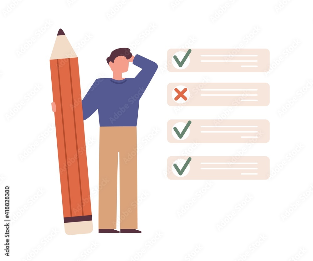 Aufkleber Student checking his test or exam result. Education and studying concept. Person and list with selected correct and wrong answers. Colored flat vector illustration isolated on white background