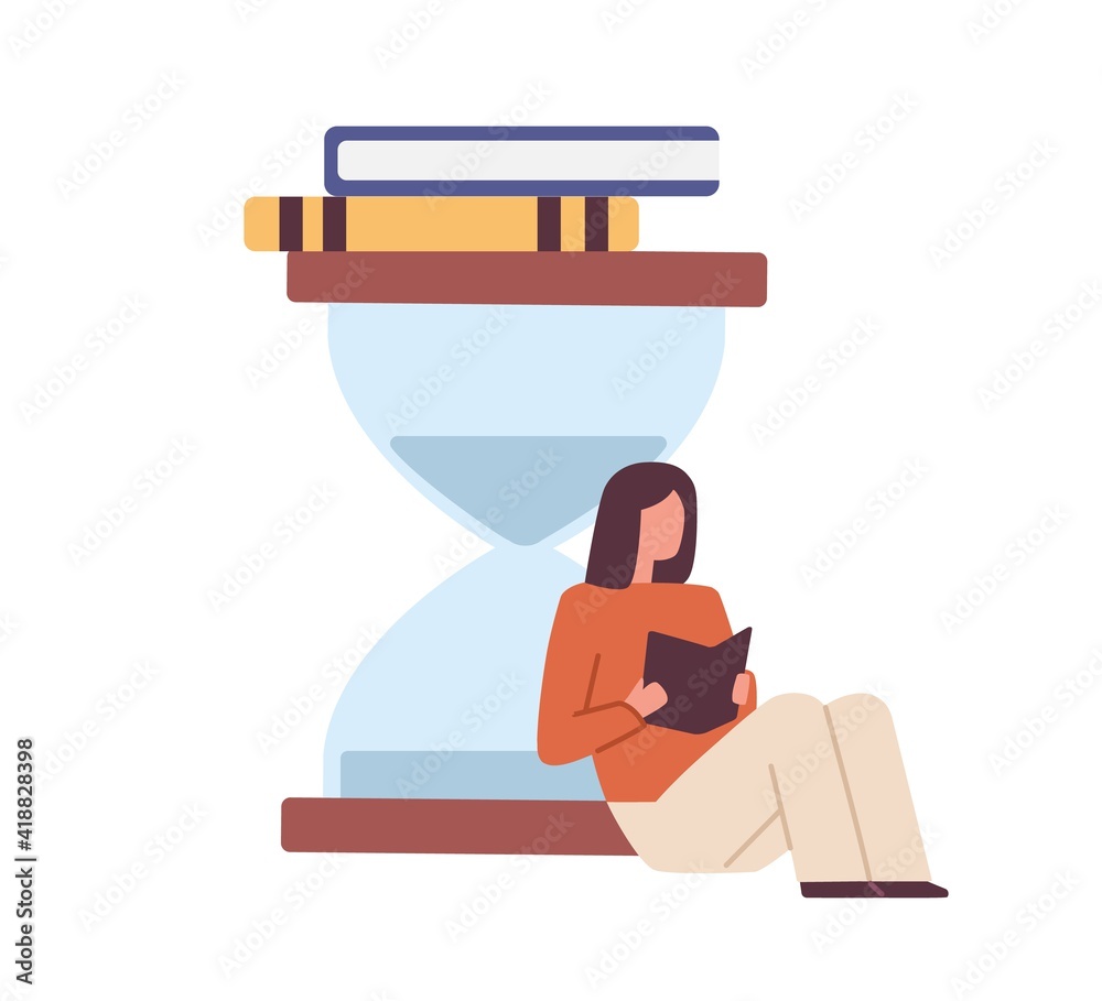 Poster Person developing skill of speed-reading. Scene with woman sitting with book near hourglasses. Colored flat vector illustration of reader with timer isolated on white background