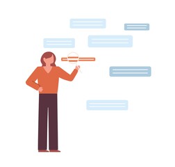 Abstract scene with person searching and analyzing information from different sources. Concept of research and studying. Colored flat vector illustration of woman with magnifier looking for info