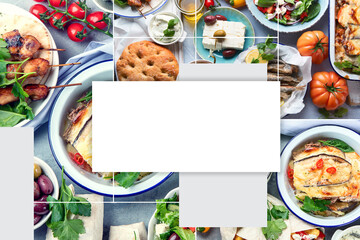 Collage of Greek food. Traditional different types of greek dishes.