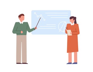 Teacher and student showing presentation at conference. People presenting and explaining information on blackboard. Education concept. Colored flat vector illustration of speakers isolated on white