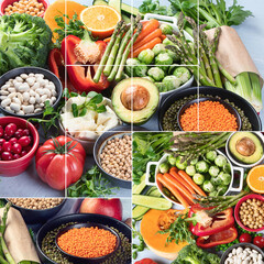Collage of raw healthy food for vegans. Vegetable albumen sources.