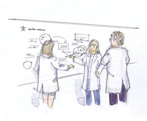 ディスカッションする研究者のラフスケッチ