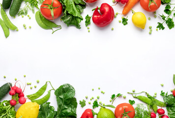 Healthy food vegetarian food background. Frame of fresh vegetables and fruits on white background...