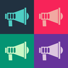 Pop art Megaphone icon isolated on color background. Speaker sign. Vector.