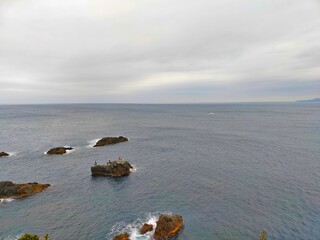 曇り空を背景にした本州最南端串本町潮岬の海の水平線と釣り人の風景（コピースペースあり）