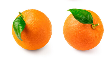 Two fresh orange with leaf on white background close up. Two separate photos