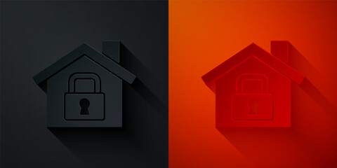 Paper cut House under protection icon isolated on black and red background. Home and lock. Protection, safety, security, protect, defense concept. Paper art style. Vector.