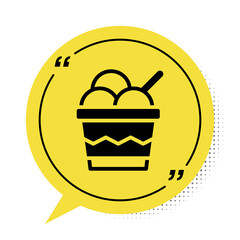 Black Ice cream in the bowl icon isolated on white background. Sweet symbol. Yellow speech bubble symbol. Vector.