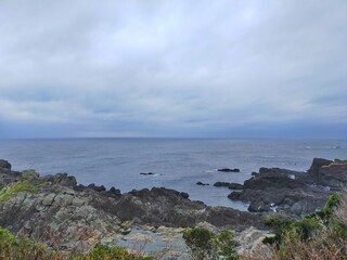 Fototapeta na wymiar 曇り空を背景にした本州最南端串本町潮岬の海の水平線の風景（コピースペースあり）