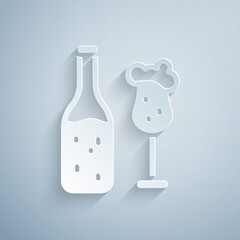 Paper cut Beer bottle and glass icon isolated on grey background. Alcohol Drink symbol. Paper art style. Vector.