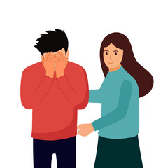 Fototapeta premium Woman comforting depressed crying friend. Female giving support to upset mate concept. She help relief stress from her partner. Friendship helping. Stress management.