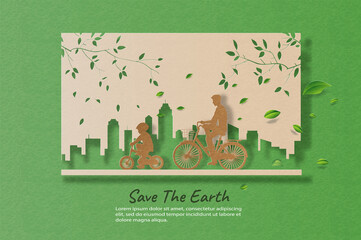 Dad and son enjoy riding bikes in green city, save the planet and energy concept, paper illustration, and 3d paper.